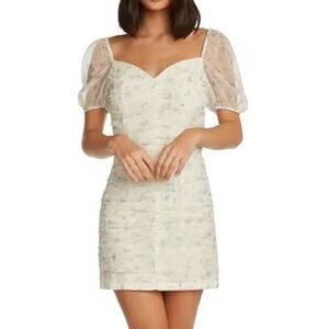 Willow Brea Floral Puff Sleeve Ruched Chiffon Mini Dress Ivory Women's Size L